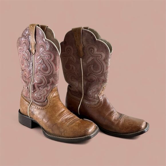 Ariat Cowboy Boots Size 7.5 Women, Brown Pointed Toe With Red Stitching - Picture 1 of 8